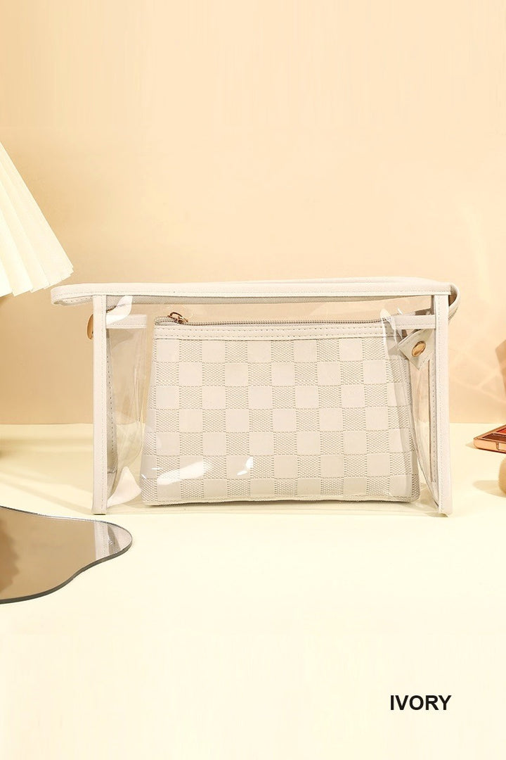 Ivory handbag with a checkered pattern on a beige background
