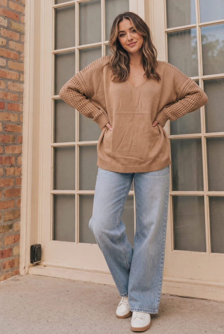 Cozy Caramel V-Neck Sweater with Crochet Sleeves - Nikki &amp; Co. Boutique
