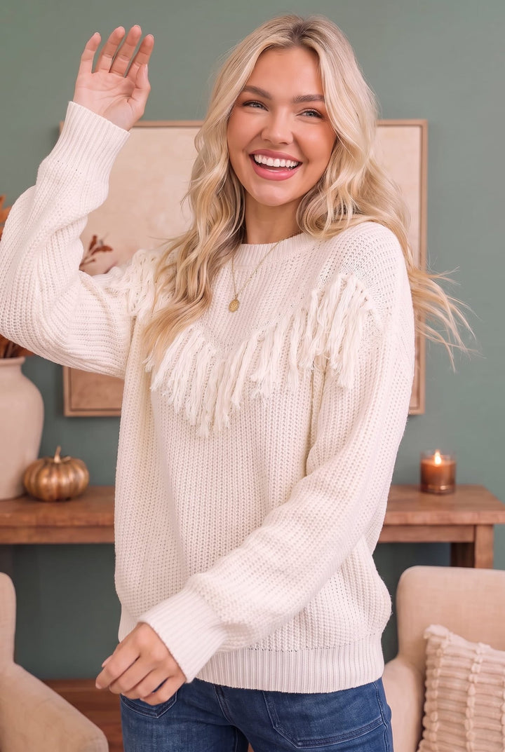 Fringe Forward Cream Knit Sweater - Nikki &amp; Co. Boutique