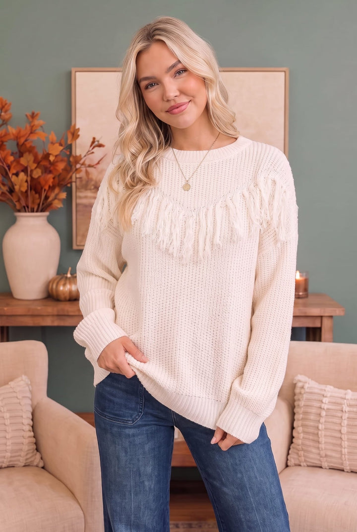 Fringe Forward Cream Knit Sweater - Nikki &amp; Co. Boutique