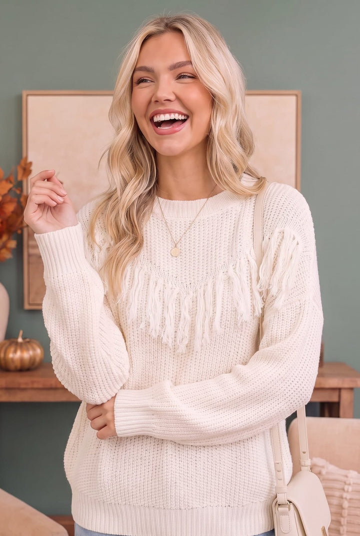 Fringe Forward Cream Knit Sweater - Nikki &amp; Co. Boutique