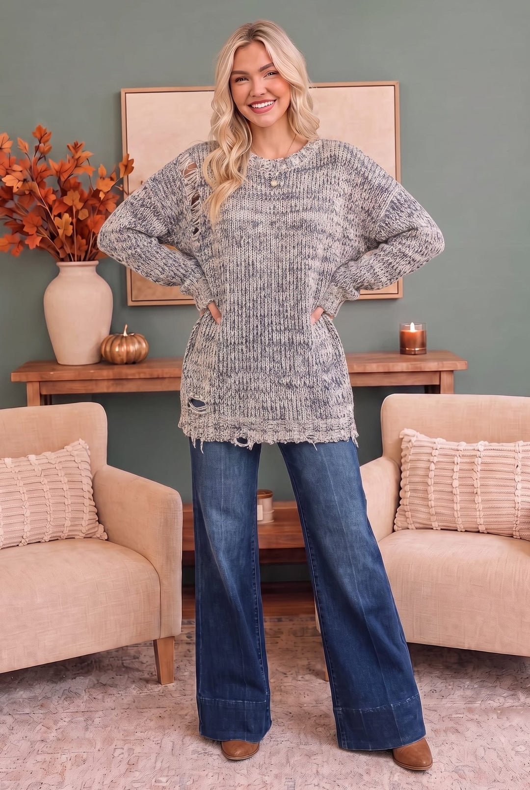 Cozy Days Distressed Marled Knit Sweater - Nikki &amp; Co. Boutique