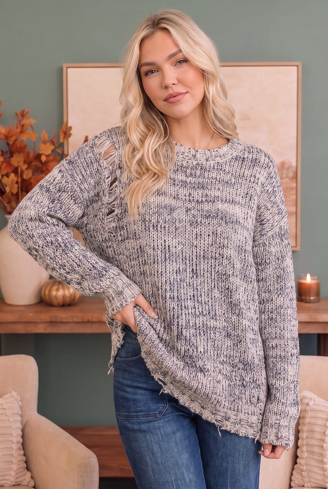 Cozy Days Distressed Marled Knit Sweater - Nikki &amp; Co. Boutique