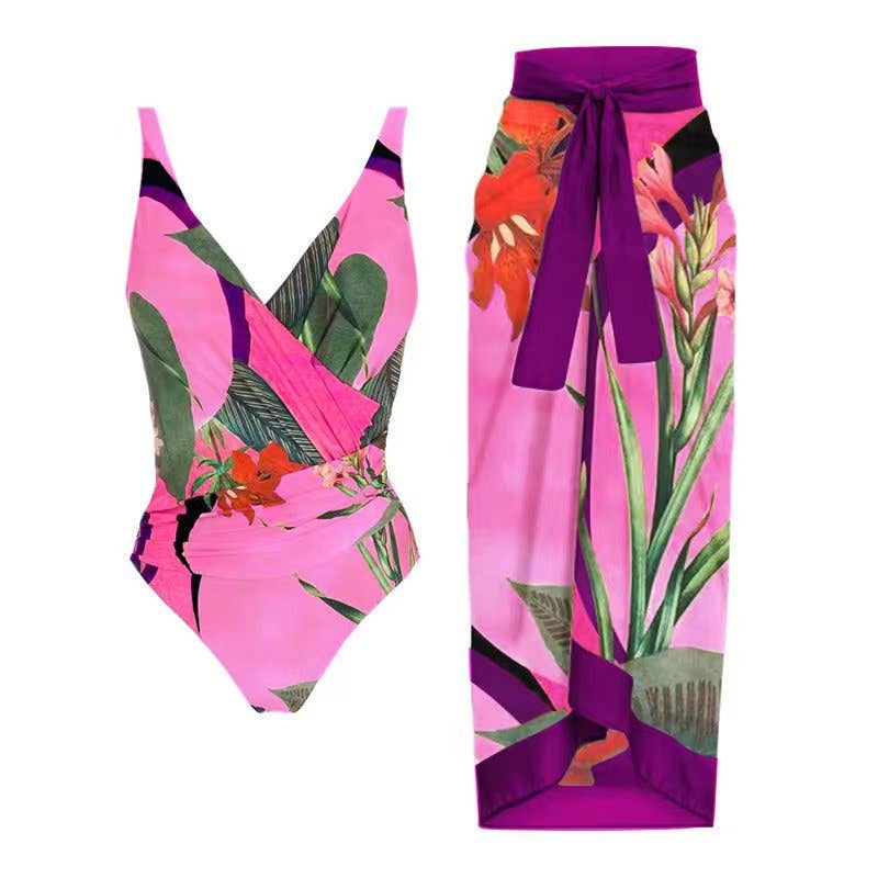 Open Back Wrap Front, One Piece Swimsuit with Cover Up (NP) - Purple / Pink | Nikki &amp; Co. Boutique