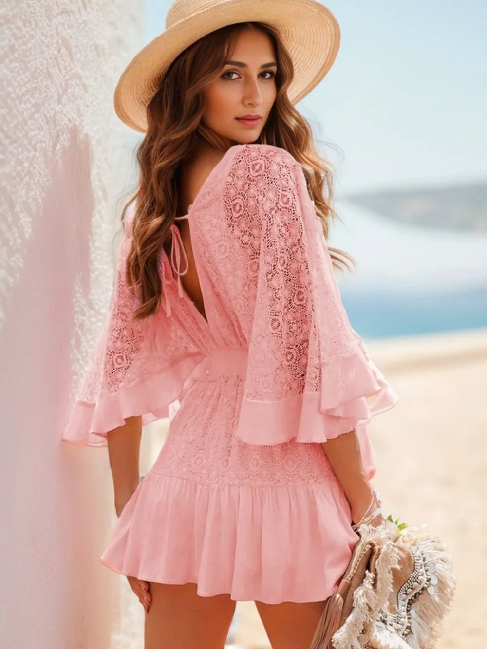 Ruffle Hem Tie Back Lace Mini Dress - Nikki and Co Boutique