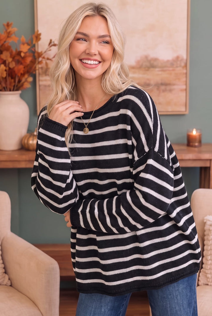 Everyday Me Stripe Knit Pullover in Black - Nikki &amp; Co. Boutique
