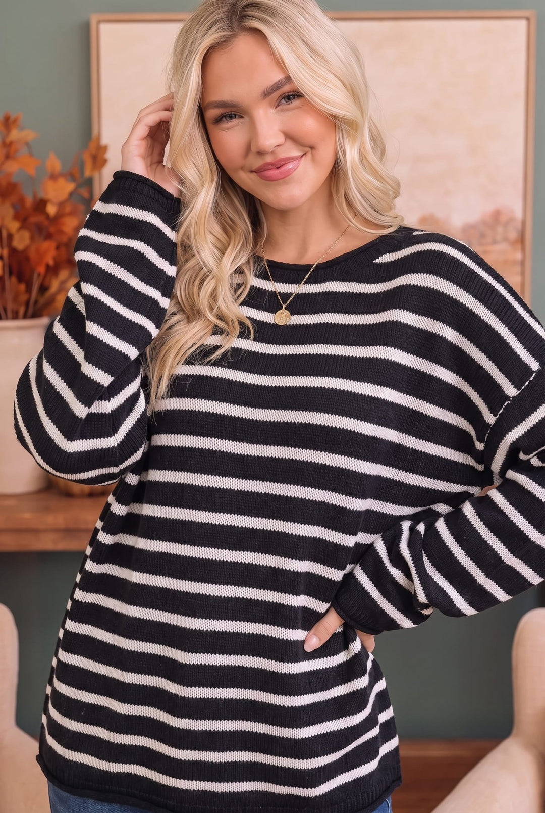 Everyday Me Stripe Knit Pullover in Black - Nikki &amp; Co. Boutique