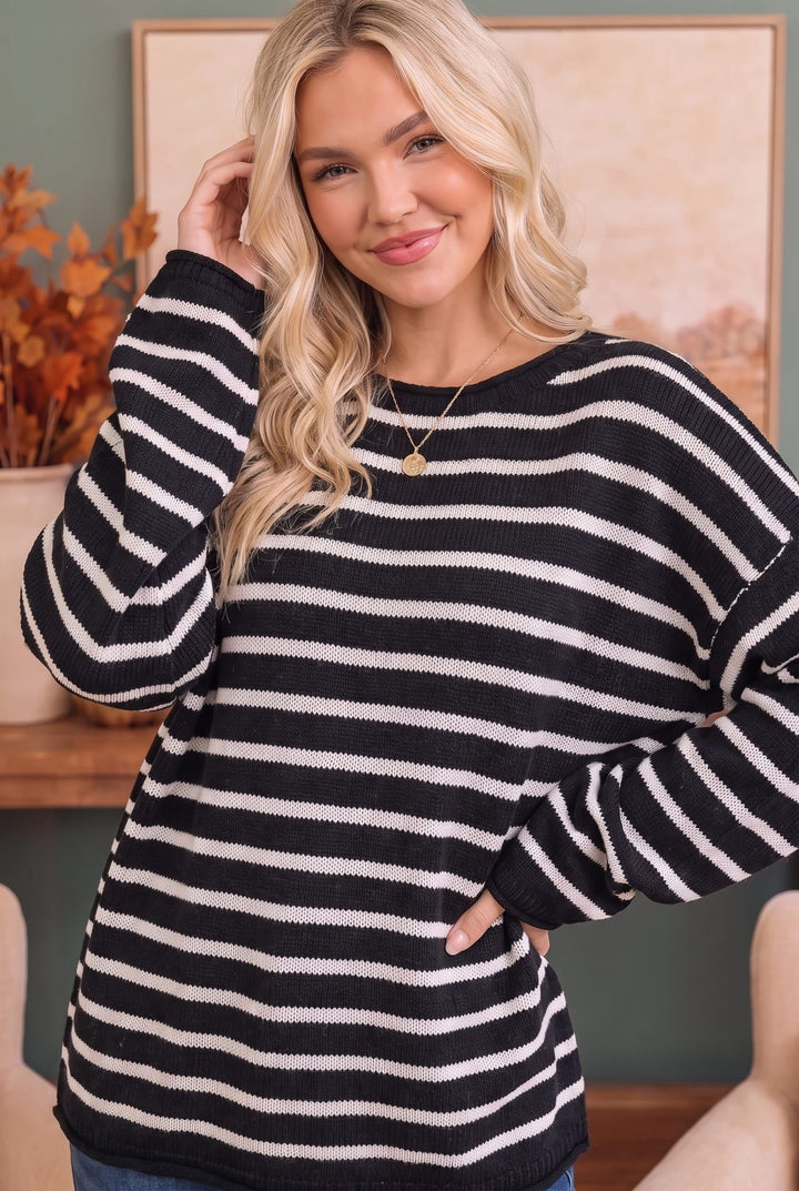 Everyday Me Stripe Knit Pullover in Black - Nikki &amp; Co. Boutique