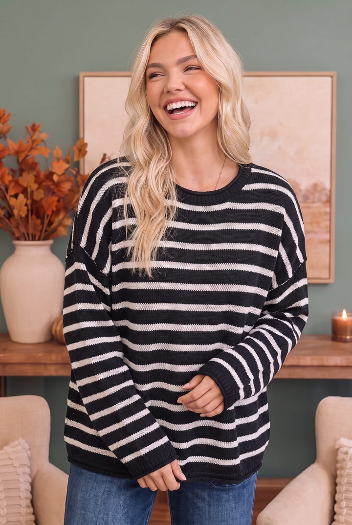 Everyday Me Stripe Knit Pullover in Black - Nikki &amp; Co. Boutique