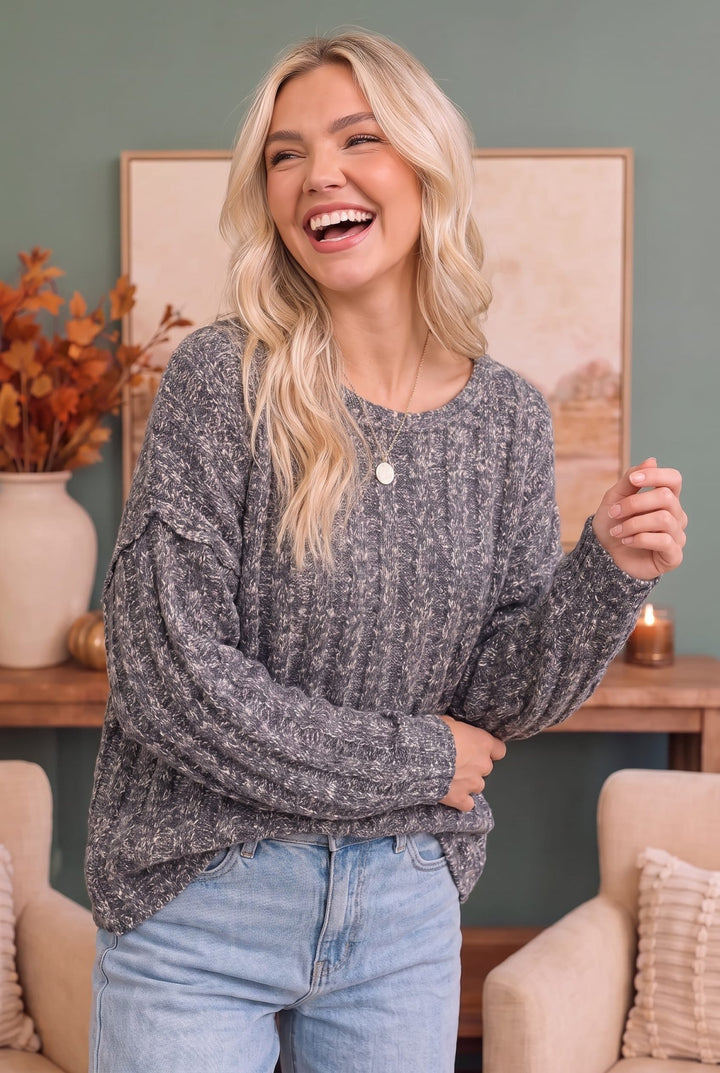 Rainy Weather Cable Knit Sweater in Heathered Purple - Nikki &amp; Co. Boutique