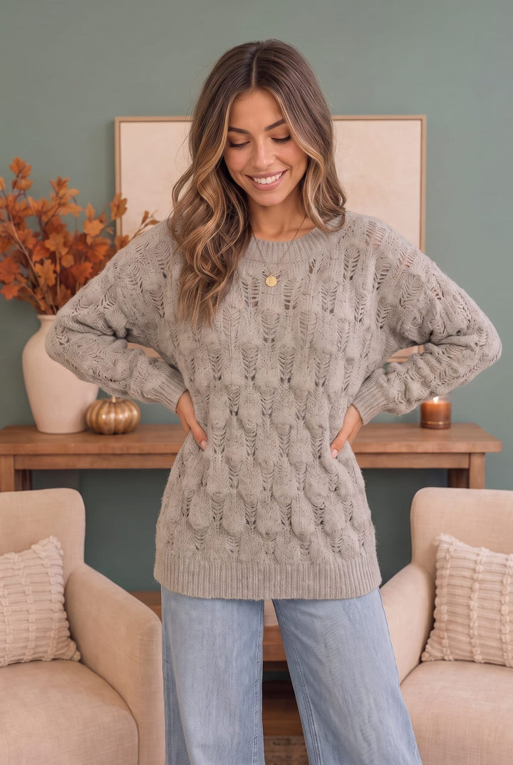 Family Dinner Pointelle Cable Knit Oversized Sweater – Taupe - Nikki &amp; Co. Boutique