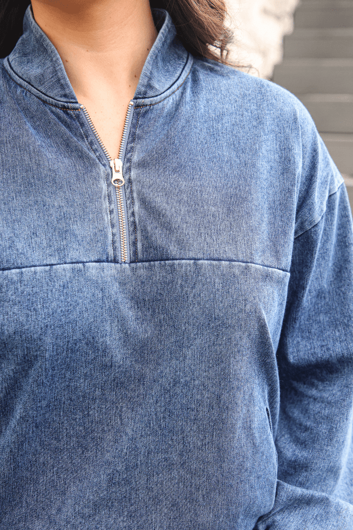 Refined Denim Quarter Zip Pullover - Light Wash (Pre-order)