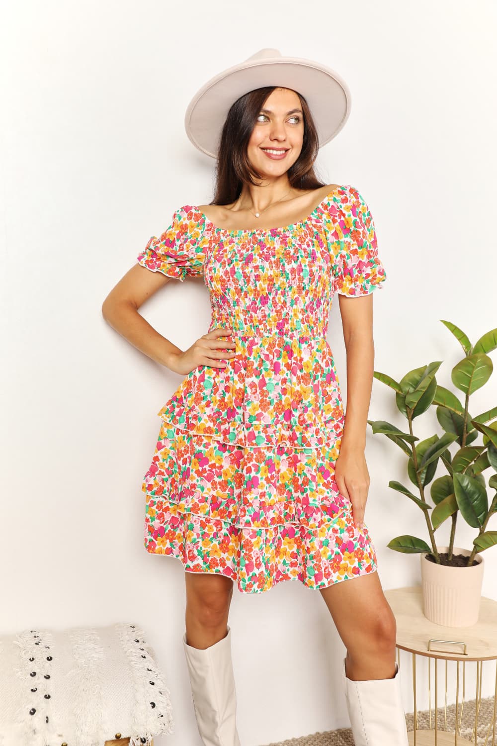 Devine Smocked Sweetheart Neck Flounce Sleeve Mini Dress in Strawberry - Nikki &amp; Co. Boutique