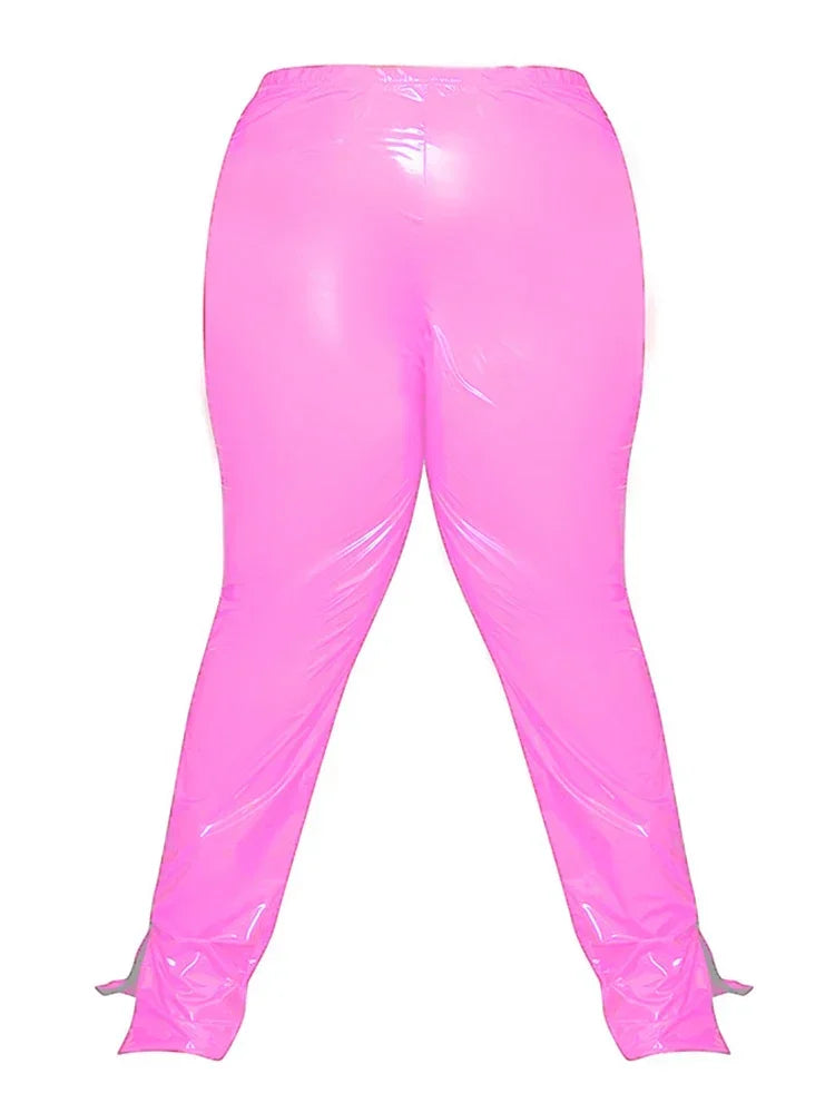 plus Size High Waist Faux Latex Pencil Pants Women Shiny PVC Leather Leggings Stretchy 6XL 7XL Custom Hem Split Trousers