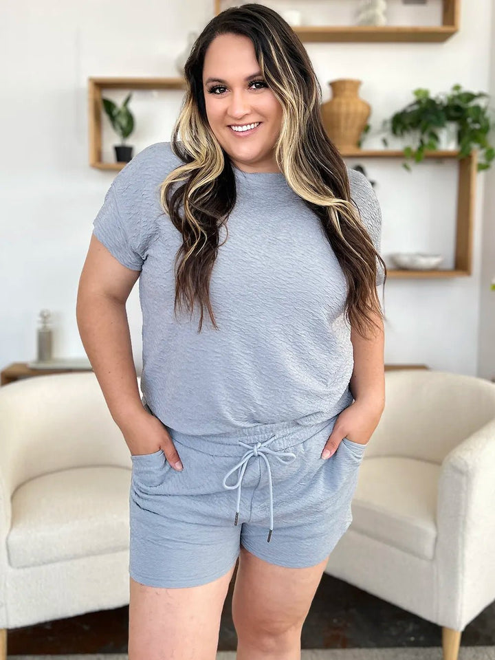 Double Take Full Size Texture Short Sleeve T-Shirt and Drawstring Shorts Set - Nikki &amp; Co. Boutique