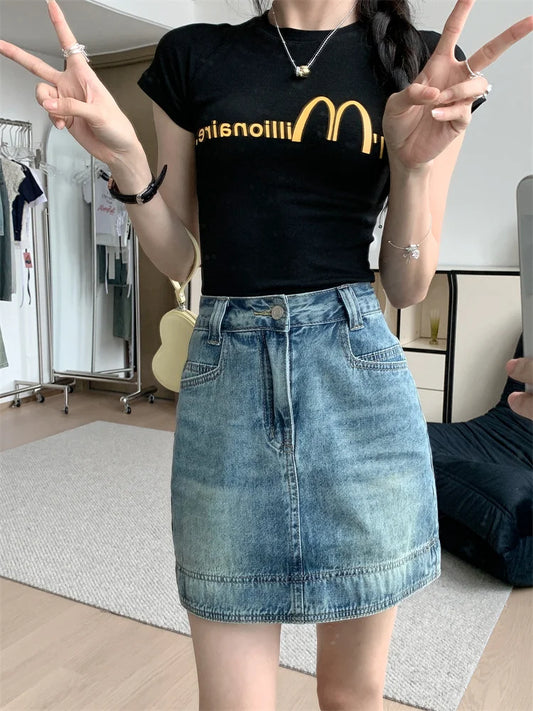 Y2K Summer Women's Jeans Skirt - Light Blue High Waist Denim Bodycon Mini Skirt with Lining Clubwear 2497