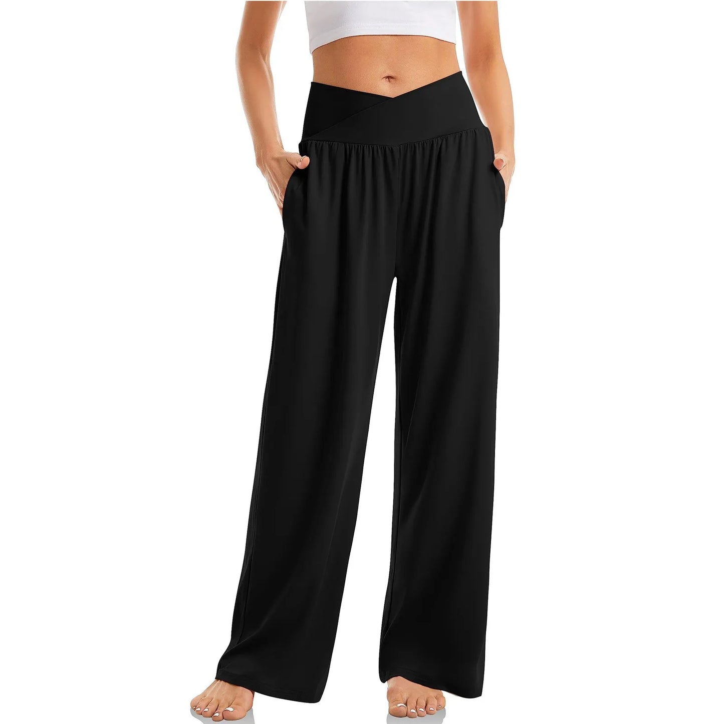 Women's High Waist Solid Color Casual Comfortable Elastic Waist Straight Trousers Wide Leg Sports Long Pants With Pockets