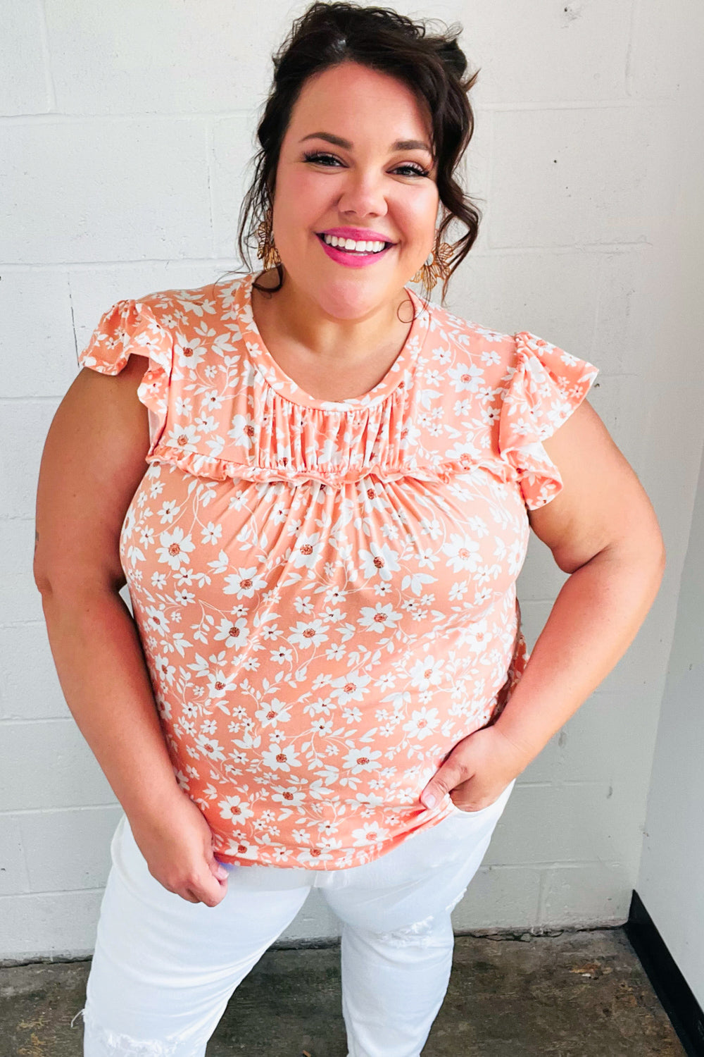 Peach Floral Print Frilled Shorts Sleeve Yoke Tops | Nikki & Co. Boutique