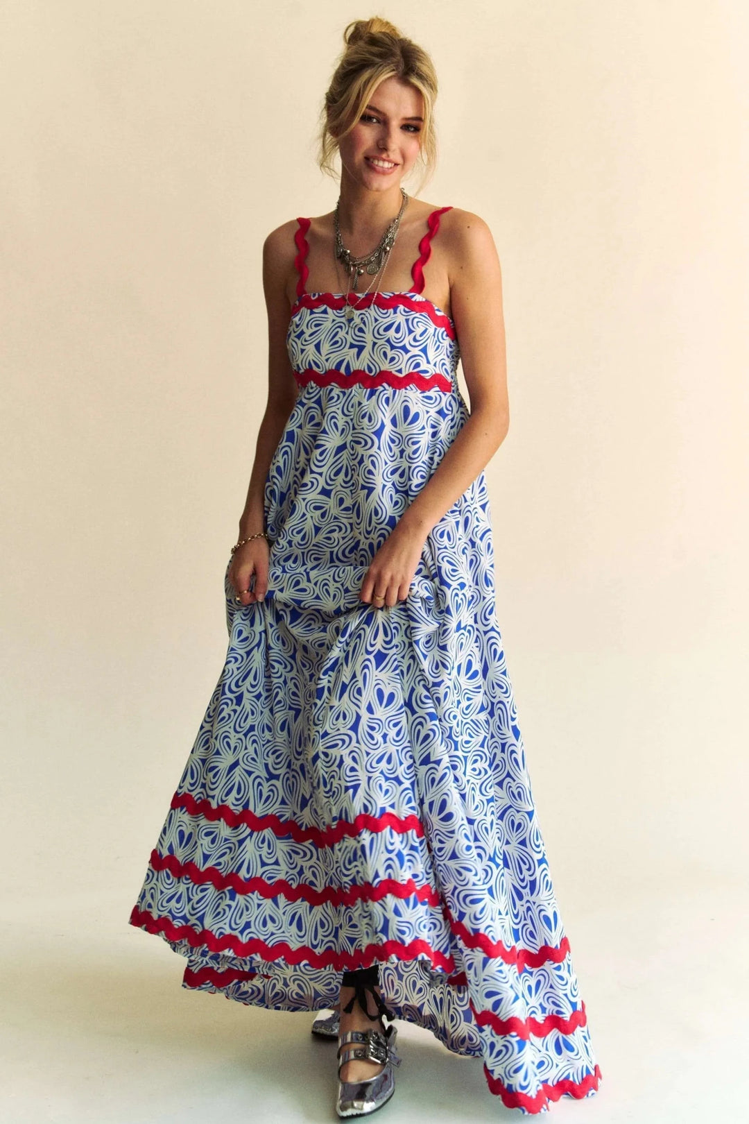 Davi &amp; Dani Contrast Velvet Tape Smocked Bodice Midi Dress in Cobalt Blue - Nikki &amp; Co. Boutique