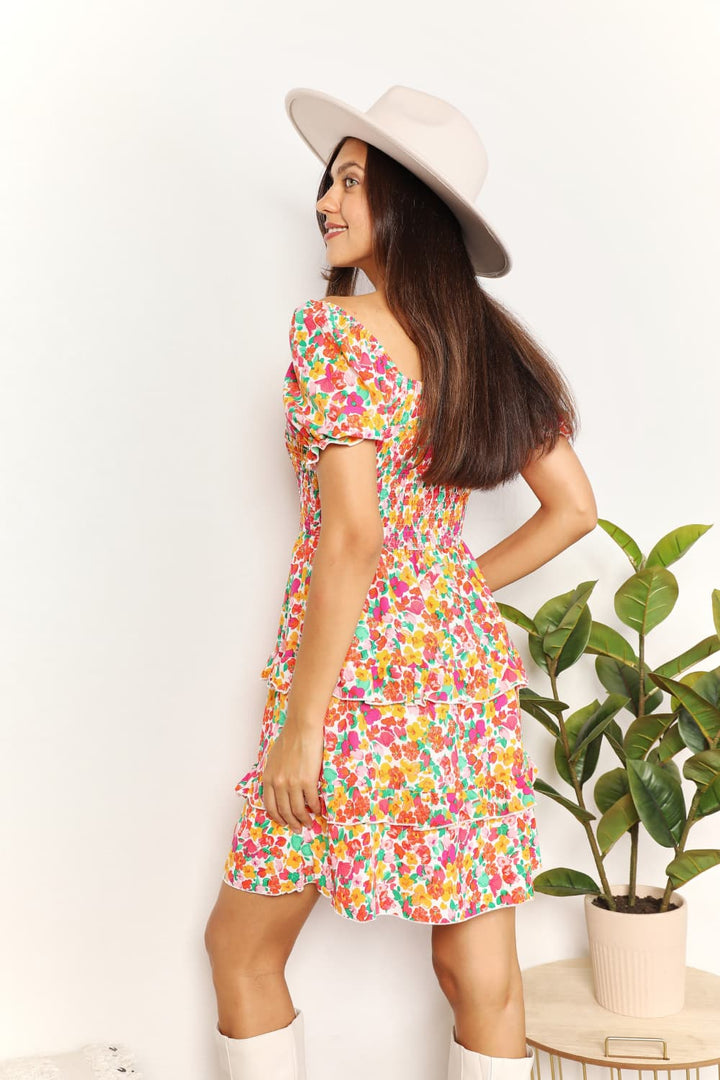 Devine Smocked Sweetheart Neck Flounce Sleeve Mini Dress in Strawberry - Nikki &amp; Co. Boutique