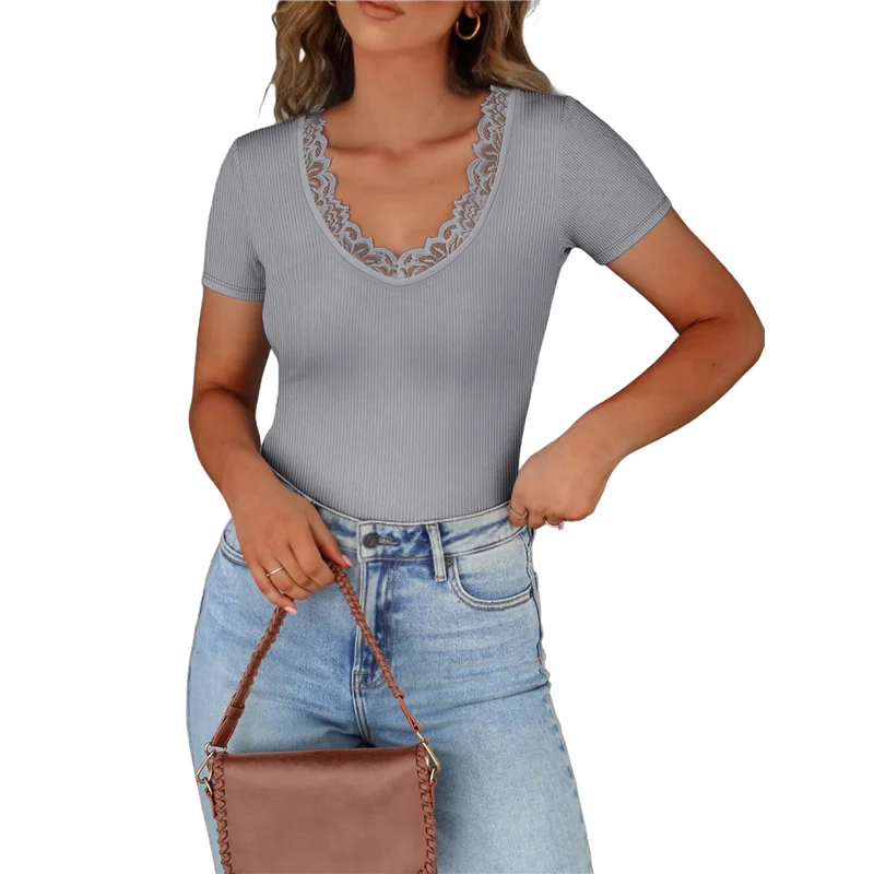 ASDS-Women Short Sleeve Lace V Neck Shirts Ribbed Knit Fitted Business Dressy Casual Summer Blouses T-Shirt