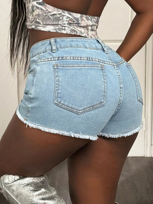 Benuynffy Streetwear Retro Raw Hem Denim Shorts Women's Fashion Summer New Y2K Mid Waist Sexy Club Skinny Jean Hot Pants