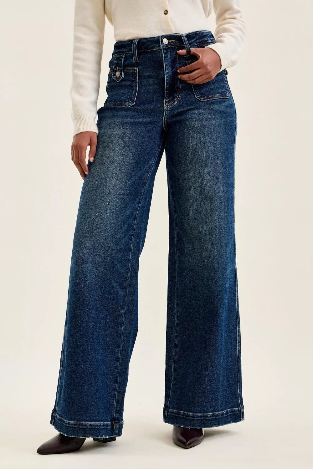Judy Blue High Waist Lux Retro Wide Leg Jeans – Dark Fade Indigo - Nikki &amp; Co. Boutique