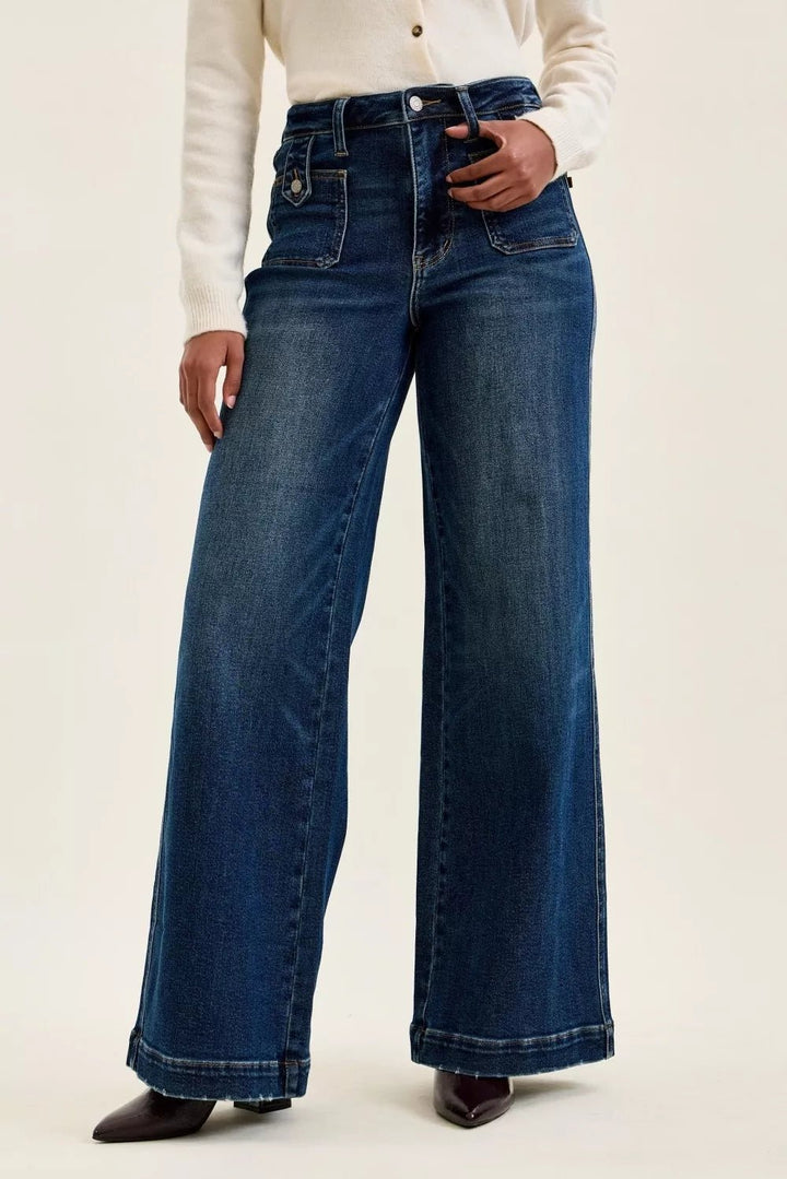 Judy Blue High Waist Lux Retro Wide Leg Jeans – Dark Fade Indigo - Nikki &amp; Co. Boutique