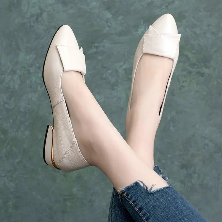 New Summer Women's Flat Shoes Soft Leather Work Shoes Pointed Thick Heel Casual Womens Shoe Handmade Footwear Buty Damskie