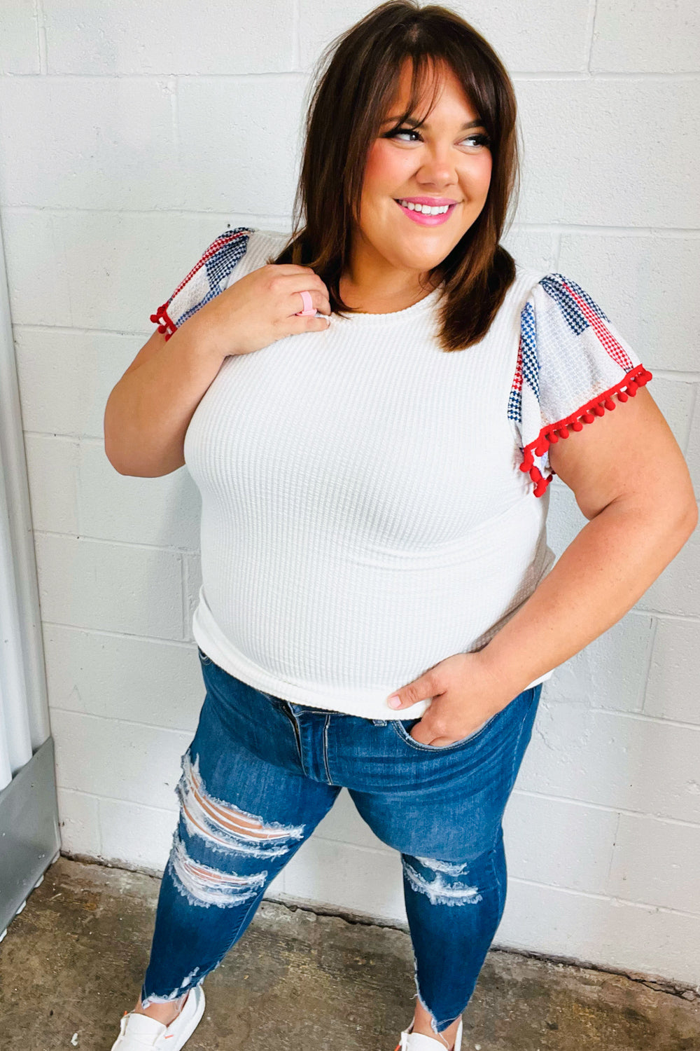 Patriotic Pom Pom Lace Flutter Sleeve Tops | Nikki &amp; Co. Boutique