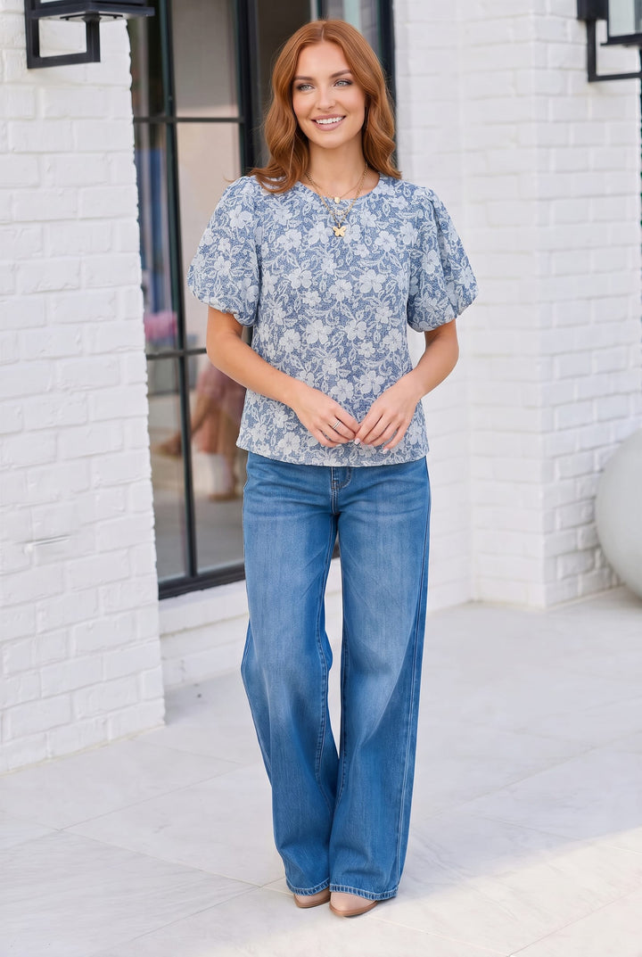 Something Blue Lace Textured Puff Sleeve Top