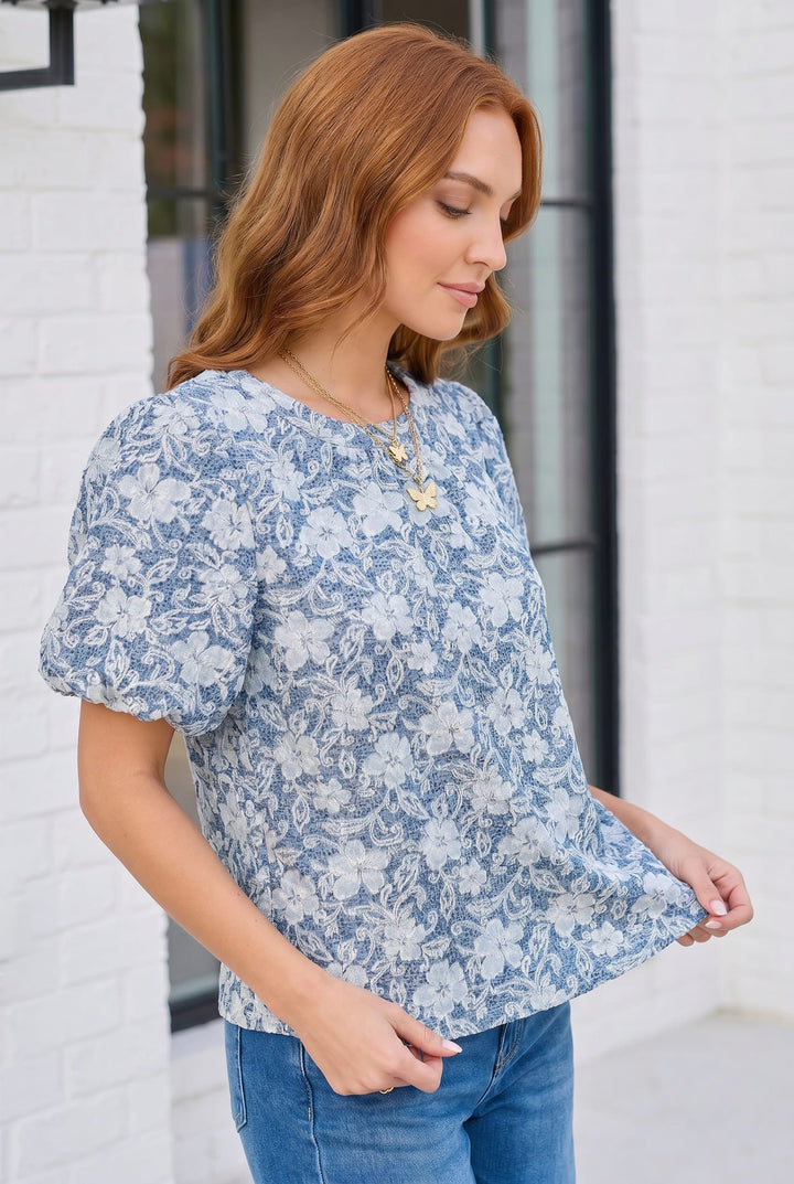 Something Blue Lace Textured Puff Sleeve Top