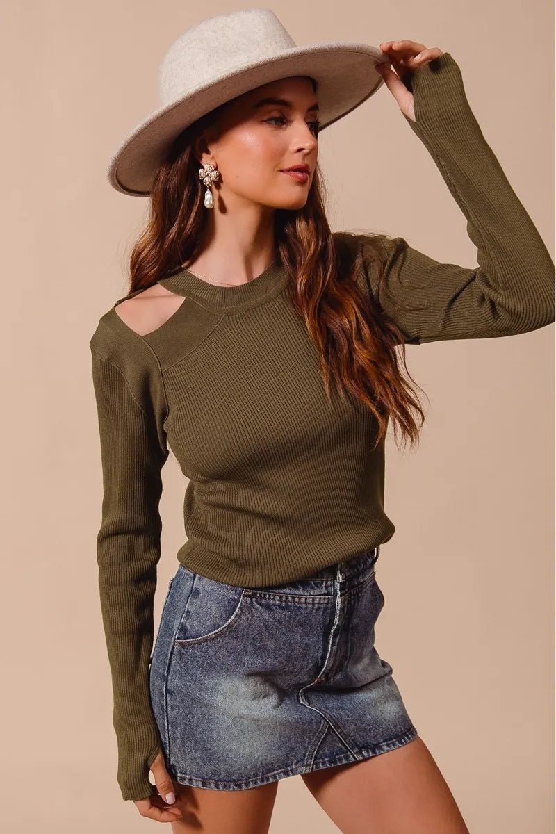 SO ME Rib Knit Top with Shoulder Cut Out - Nikki &amp; Co. Boutique