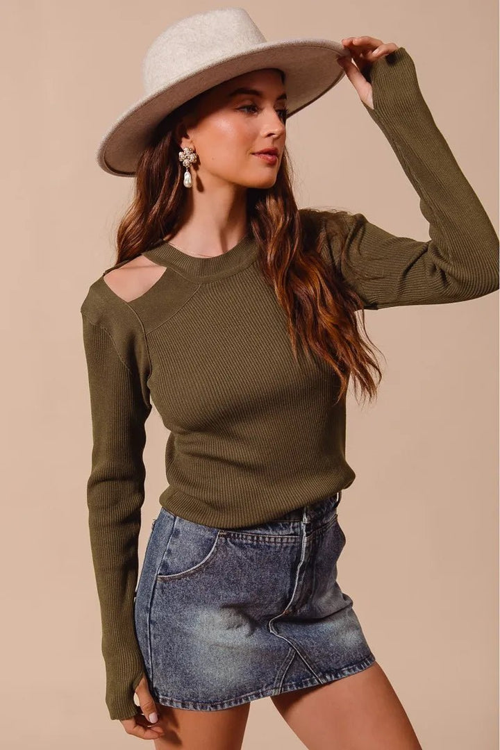 SO ME Rib Knit Top with Shoulder Cut Out - Nikki &amp; Co. Boutique