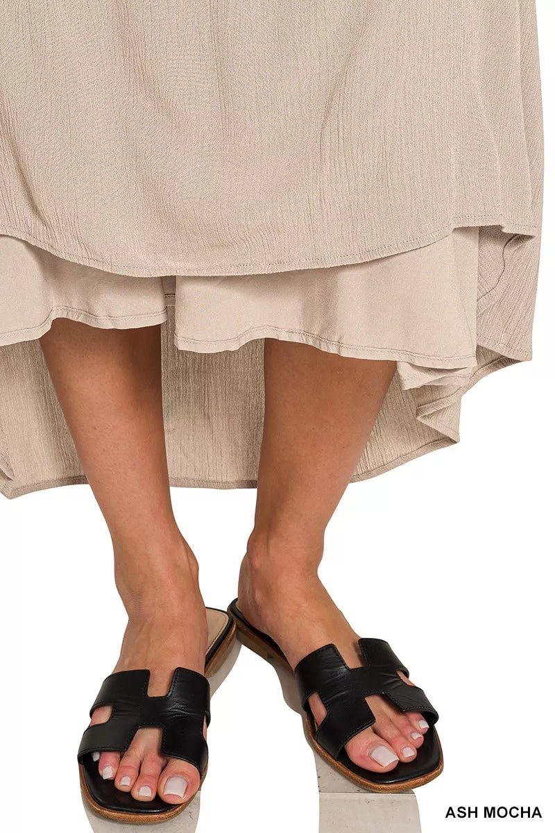 Zenana Woven Crinkle Strapless Maxi Dress in Ash Mocha - Nikki &amp; Co. Boutique