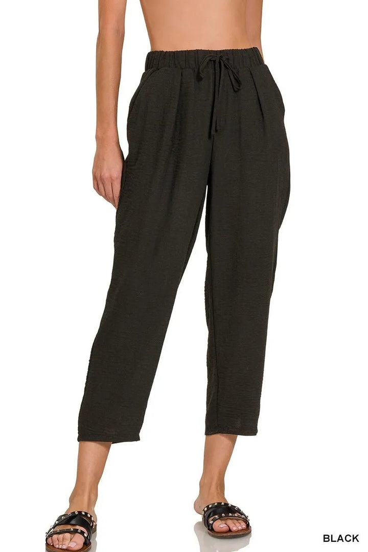Zenana Woven Crepe Elastic Band Waist Pants - Nikki &amp; Co. Boutique