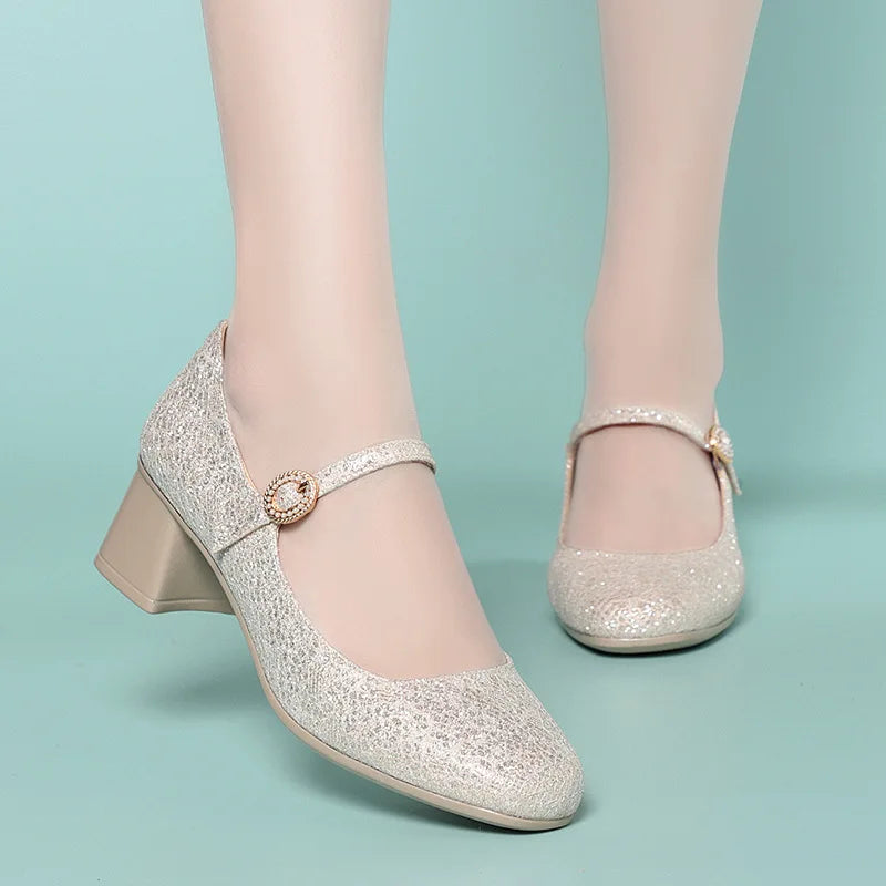 5cm Breathable Comfortable Shallow Glod Bling Wedding Shoes Women Pumps Trend Spring Med Block Heels Shoes for Office Model