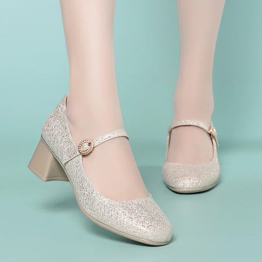 5cm Breathable Comfortable Shallow Glod Bling Wedding Shoes Women Pumps Trend Spring Med Block Heels Shoes for Office Model