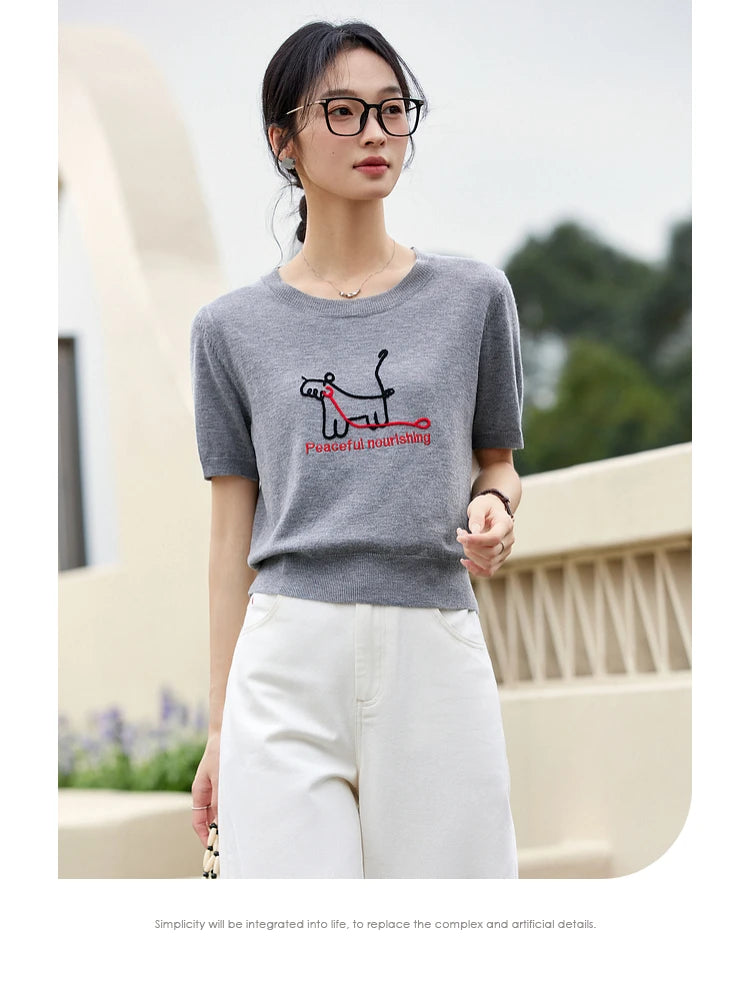 VIMLY Women's Summer Knit Tops Knitwear Fun Puppy Embroidered Short Sleeve T-Shirt Casual Crew Neck Knitted Sweater 75021