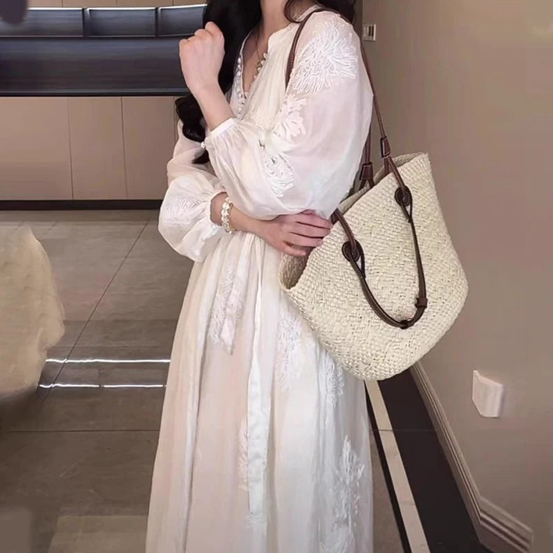 Elegant Flower Embroidery White Maxi Dress Women Stylish Button Lantern Long Sleeve Lace Up Dress Casual Loose Holiday Vestido