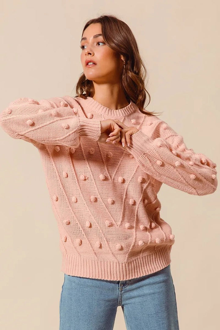 SO ME Pom-Pom Textured-Knit Sweater Top | Blush - Nikki &amp; Co. Boutique