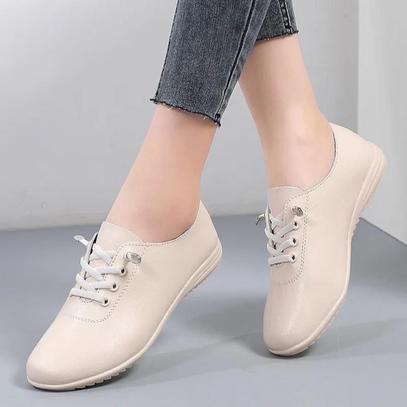 Female Ladies Women's Genuine Leather Flats Shoes Loafers Soft Moccasins Lace Up Comfortable