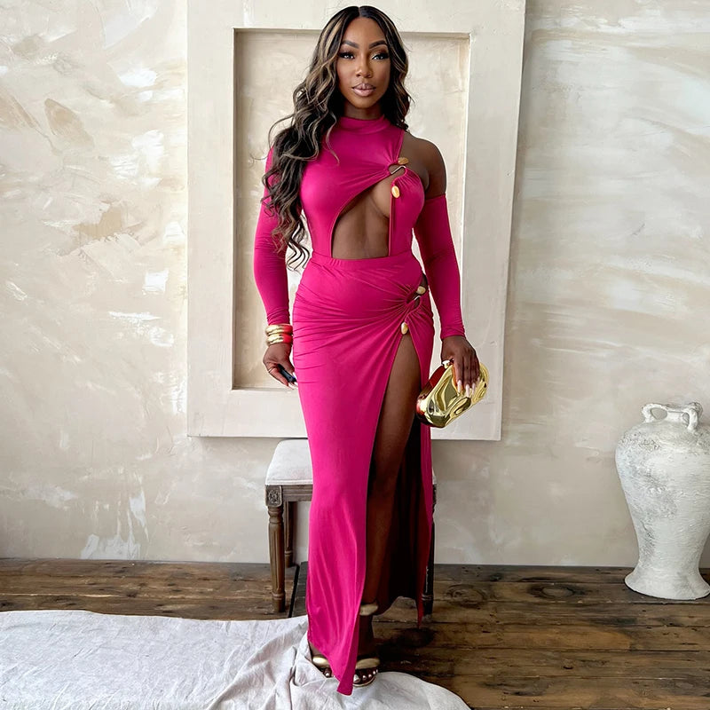 CUTENOVA Autumn New Single Shoulder Half High Neck Long Sleeve Sexy Hollow Out Bodysuit + High Split Long Dress Set Elegant