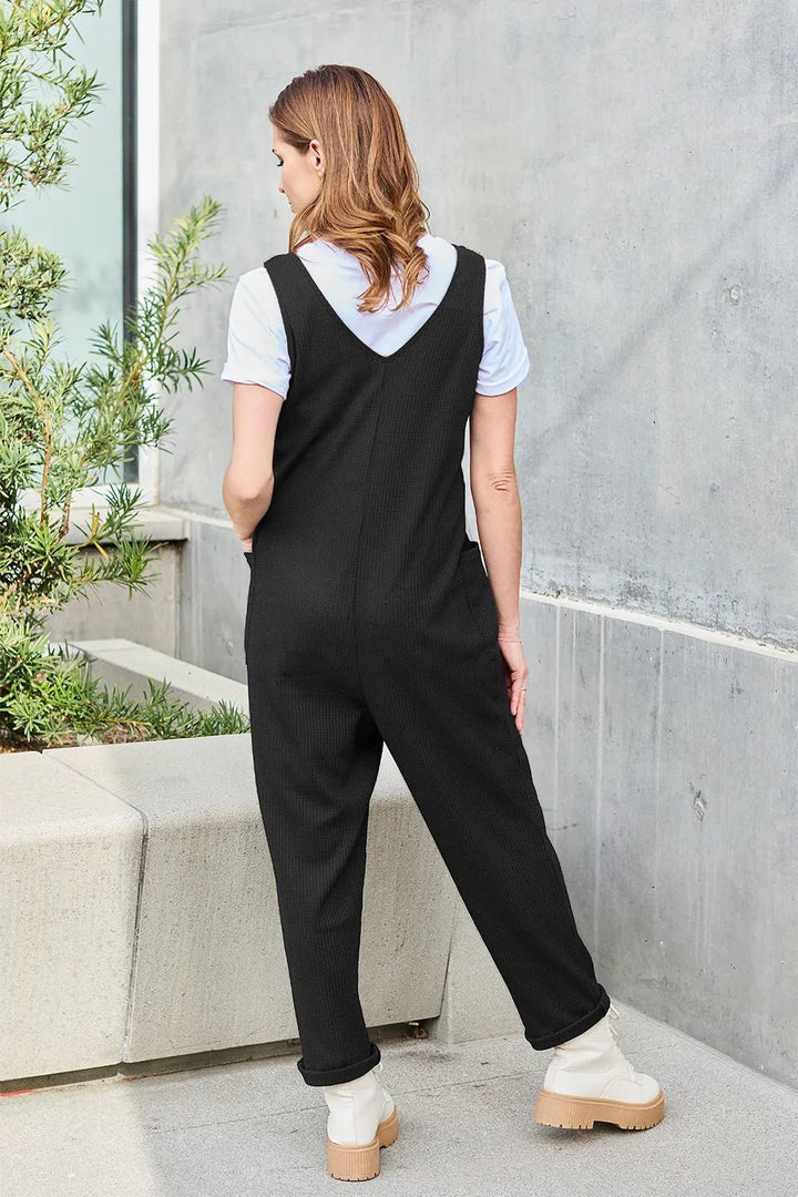 Waffle-Knit Sleeveless V-Neck Jumpsuit with Pockets - Nikki &amp; Co. Boutique