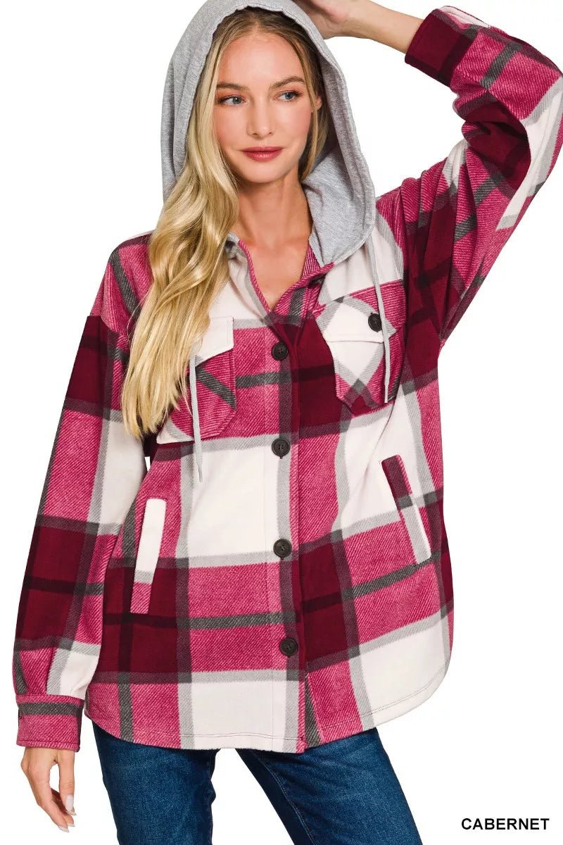 Zenana Plaid Hooded Fleece Shacket | Cabernet - Nikki &amp; Co. Boutique