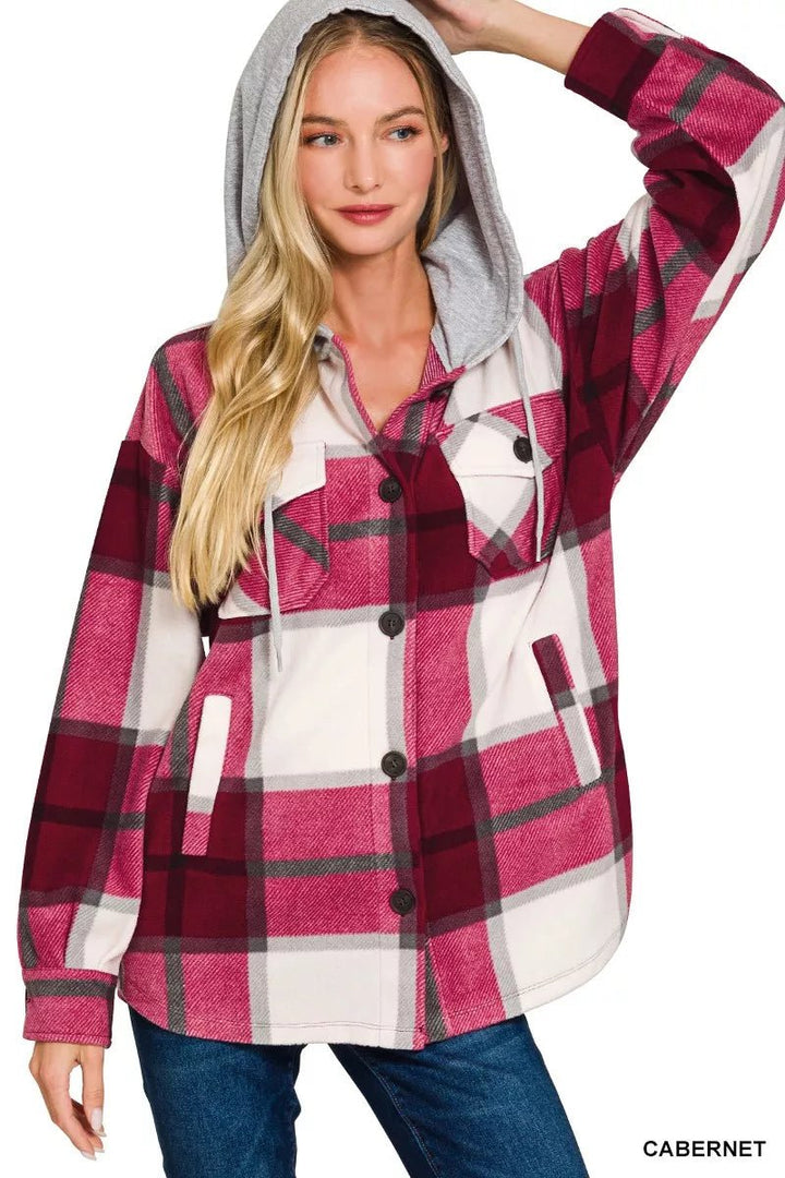 Zenana Plaid Hooded Fleece Shacket | Cabernet - Nikki &amp; Co. Boutique