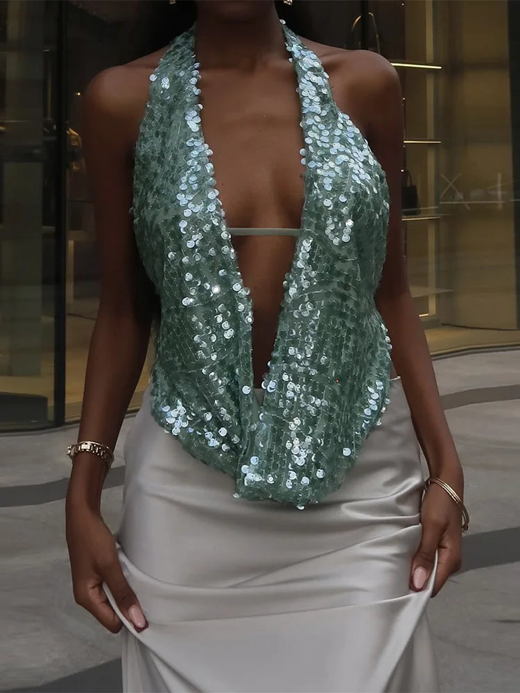 Trendix Sexy Deep V Neck Beach Tank Top Hot Girls Summer Sequins Patchwork Sleeveless Vest Women Vacation Sexy Backless Top