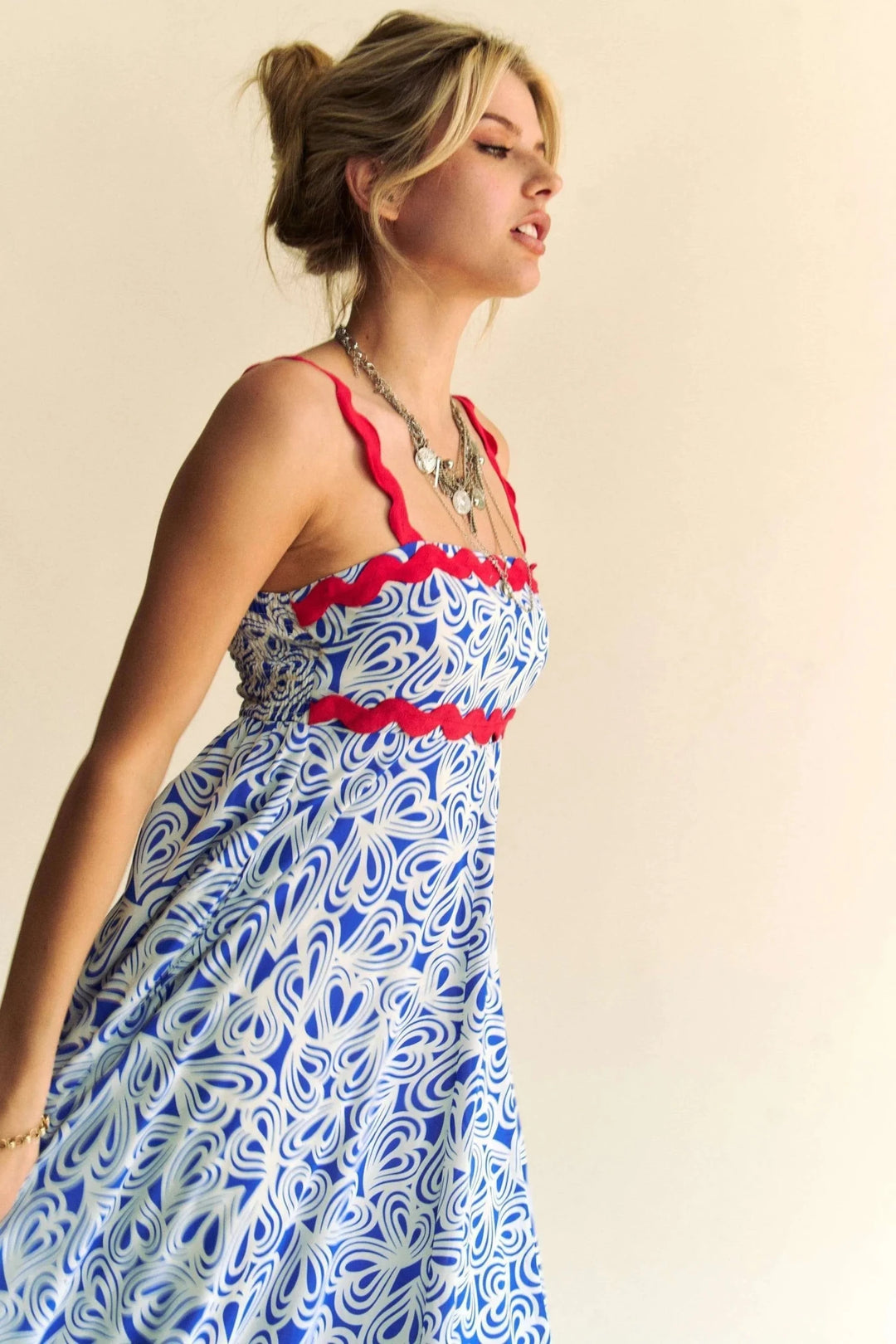 Davi &amp; Dani Contrast Velvet Tape Smocked Bodice Midi Dress in Cobalt Blue - Nikki &amp; Co. Boutique