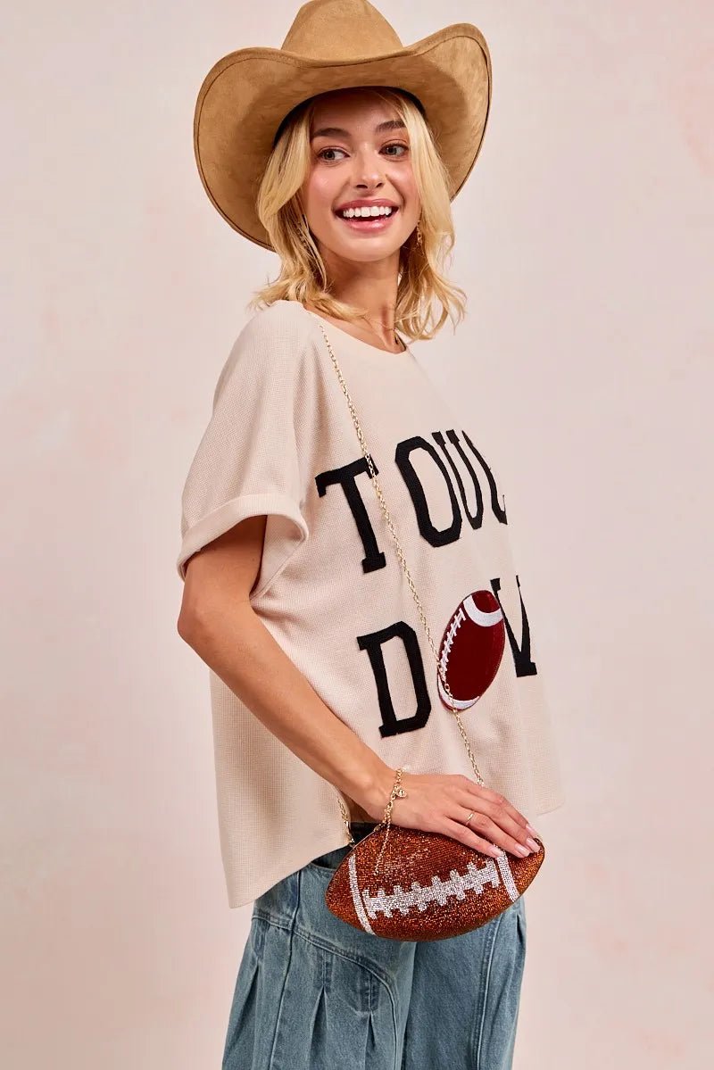 BiBi Touchdown Letter Patch Waffle Knit Top | Beige - Nikki &amp; Co. Boutique