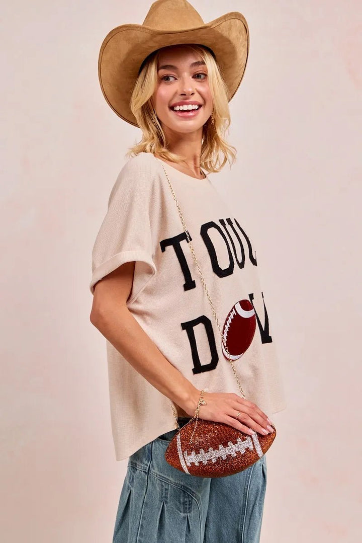 BiBi Touchdown Letter Patch Waffle Knit Top | Beige - Nikki &amp; Co. Boutique